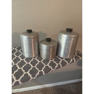 Vintage MCM 1950's Aluminum Kitchen Canister Set Of 3 - Sugar Coffee & Grease